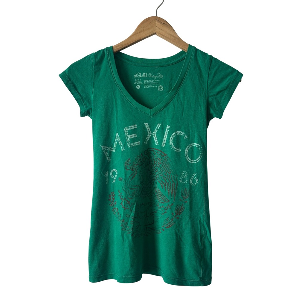 LOL Vintage Mexico 1986 Graphic V-Neck T-Shirt Green XS Slim Fit Retro